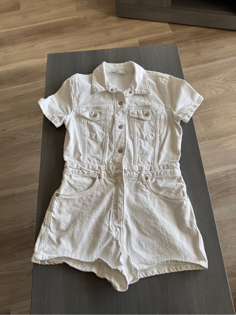 Zara White Short Sleeve Denim Romper